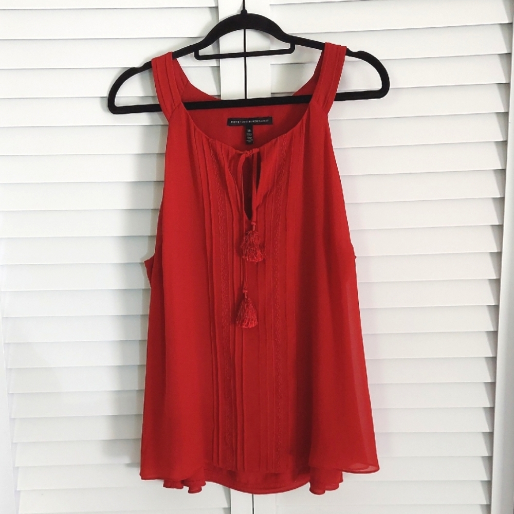 WHBM Top, Sz XL, Sleeveless, Sheer Chiffon Over Tank, Brick‎ Red, Tassels, Lace